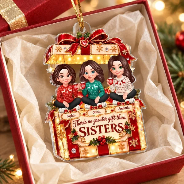 Personalized Acrylic Ornament, Cartoon Sisters Holding Mugs, Red & Gold Unique Christmas Gift for Sisters