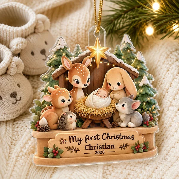 Personalized Acrylic Ornament, My First Christmas Snowy Woodland Scene in Warm Neutrals, Unique Baby Keepsake Gift