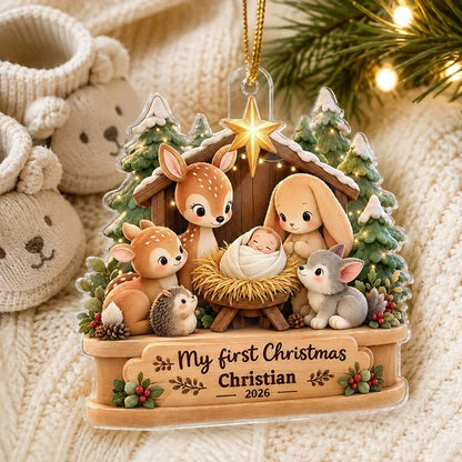 Personalized Acrylic Ornament, My First Christmas Snowy Woodland Scene in Warm Neutrals, Unique Baby Keepsake Gift