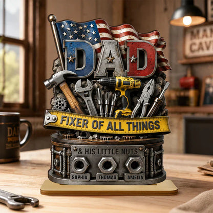 Dad Fixer of All Things Personalized 2-Layer Wooden Plaque, Creative Gift with Tools & Flag