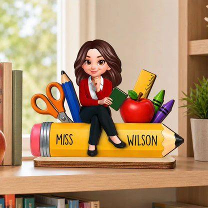 Personalized Wooden Plaque, Teacher Sitting on Pencil Classroom Decor, Unique Creative Gift for Teacher