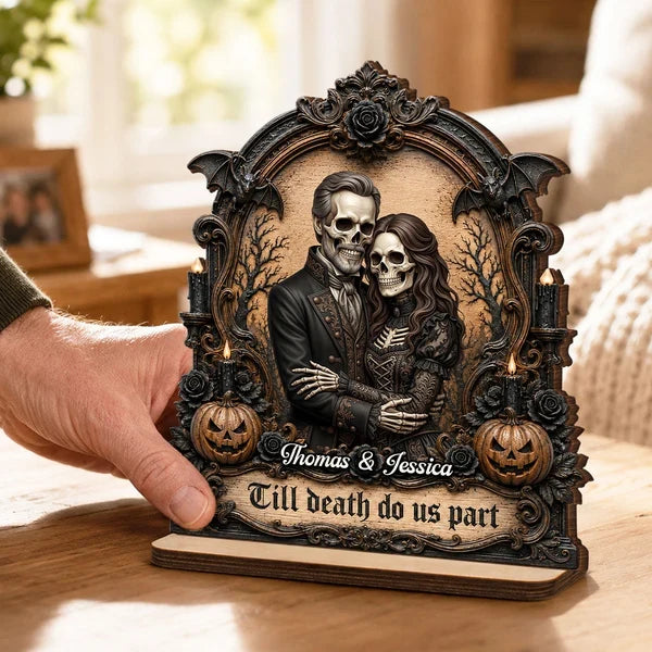 Personalized 2-Layer Wooden Plaque, Embracing Skeleton Couple, Unique Gothic Halloween Gift for Couples