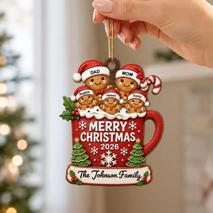 Personalized Wooden Ornament, Gingerbread Family in Hot Cocoa on a Christmas Tree, Unique Gift for Mom & Dad