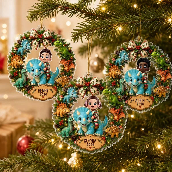 Personalized Acrylic Ornament, Smiling Child Riding a Dinosaur in a Christmas Wreath, Unique Gift for Kids
