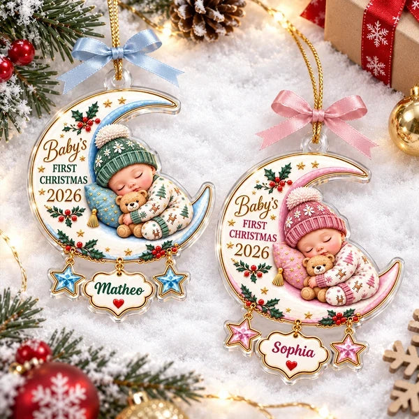 Personalized Acrylic Ornament, Sleeping Baby on Crescent Moon, Unique First Christmas Gift for New Parents