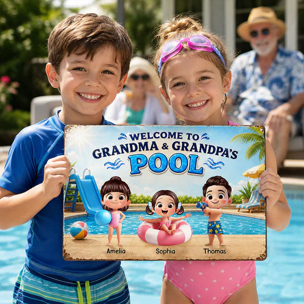 Personalized Rectangular Iron Sign, Kids Playing by Sunny Pool, Unique Gift for Grandma & Grandpa