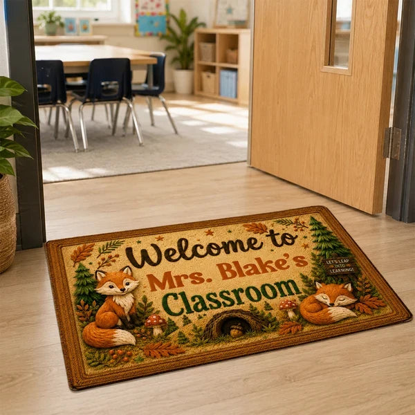 Personalized Standard Doormat With Woodland Foxes For Teacher Classroom, Unique Creative Gift