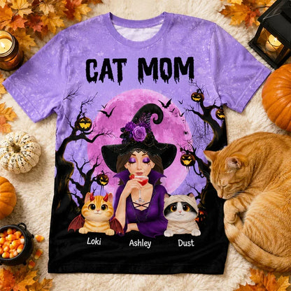 Personalized Cat Mom Printed Classic Tee, Witch and Cats Under Purple Moon, Creative Halloween Gift for Cat Lovers