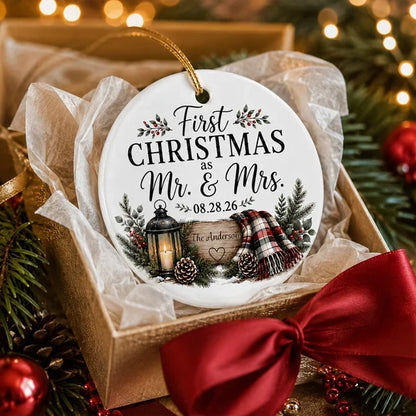 Personalized Ceramic Ornament, Rustic First Christmas as Mr & Mrs Keepsake, Unique Gift for Newlywed Couple