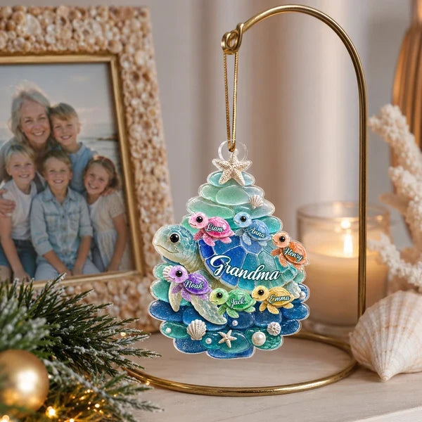 Personalized Turtle Family Acrylic Ornament, Grandma with Grandkids, Unique Christmas Gift for Grandma