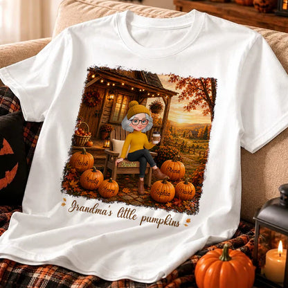 Personalized Classic Tee, Grandma Sitting on Fall Porch, Unique Gift from Grandkids