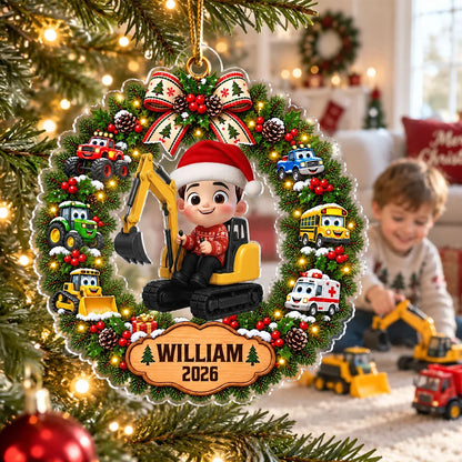 Personalized Acrylic Ornament With Boy on Excavator and Colorful Christmas Wreath, Unique Gift for Grandson