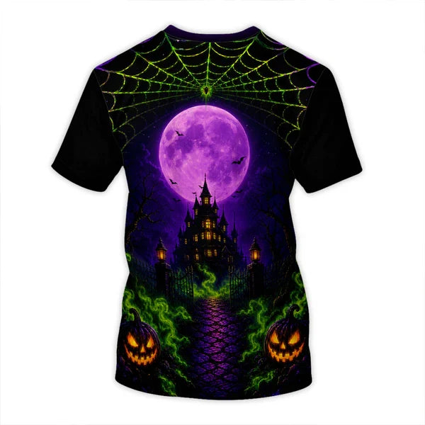 Personalized Printed Classic Tee, Purple Spooky Cats & Haunted House, Unique Gift for Cat Lovers