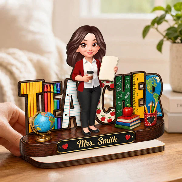 Personalized 2-Layer Wooden Plaque, Standing Cartoon Teacher with School Supplies, Unique Gift for Teacher