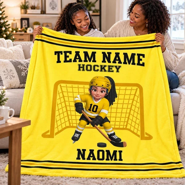 Personalized Fleece Blanket, Blue Hockey Player Goal Scene, Creative Keepsake Gift for Son or Grandson