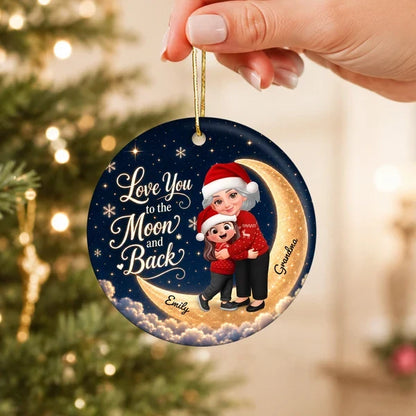 Personalized Ceramic Ornament, Hugging Grandma and Granddaughter on a Navy and Gold Moon, Unique Christmas Gift