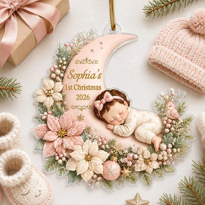 First Christmas Acrylic Ornament, Sleeping Baby on Blush Floral Moon, Personalized Creative Gift for Mom & Dad