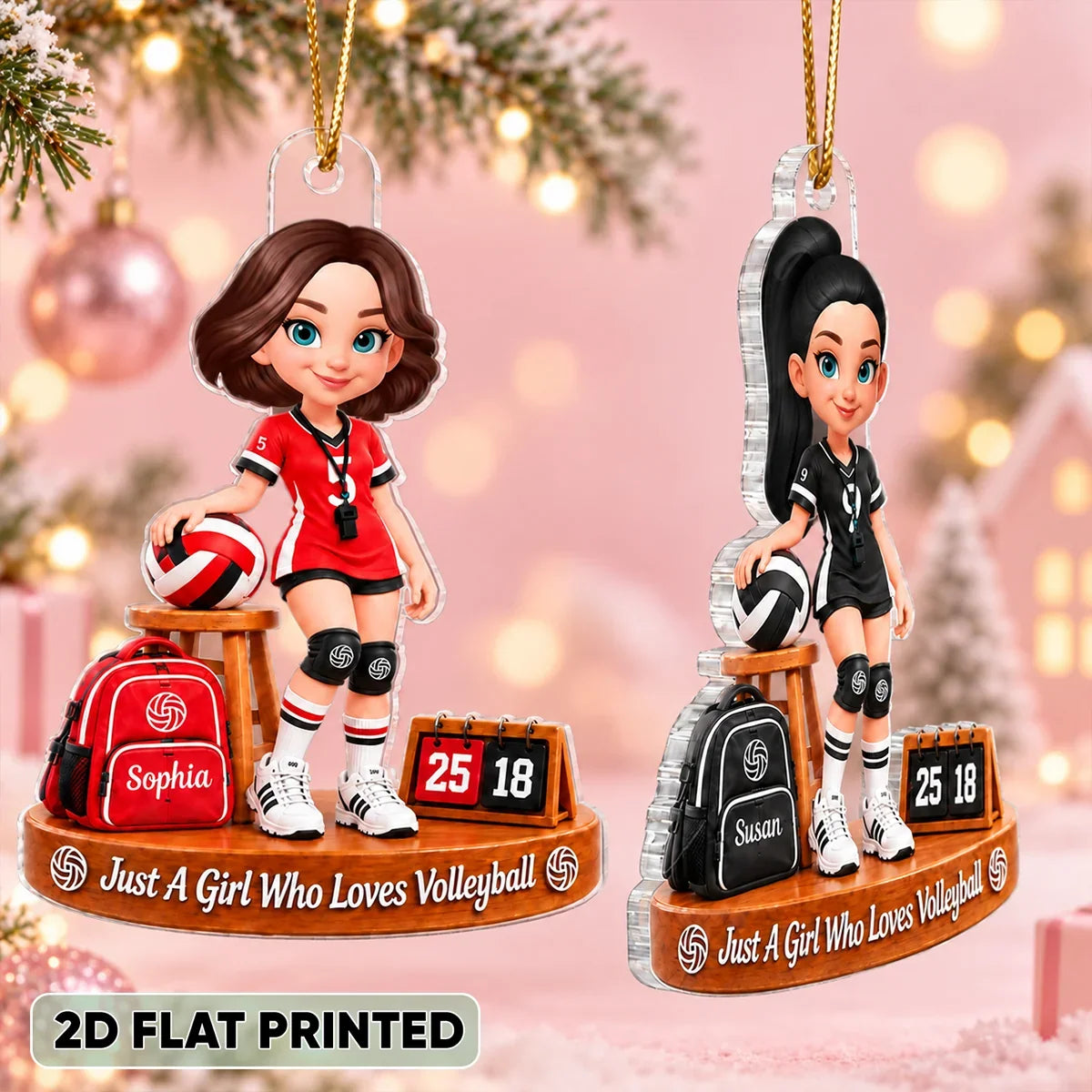 Personalized Volleyball Girl Acrylic Ornament, Red Team Scene with Ball and Scoreboard, Unique Gift for Daughter