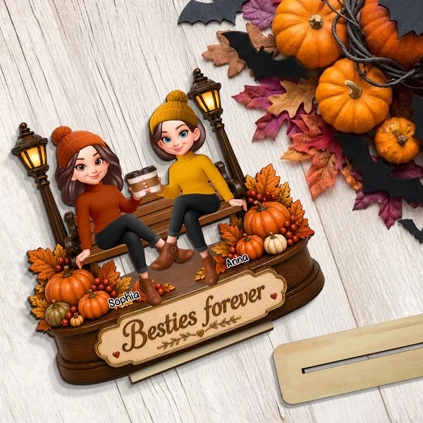 Personalized 2-Layer Wooden Plaque, Besties Forever Fall Scene, Unique Gift for Bestie