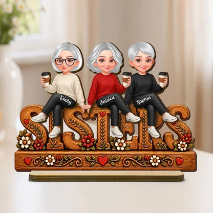 Personalized Wooden Plaque, Sisters Sitting Together with Coffee, Rustic Floral Unique Gift for Sister
