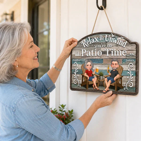 Personalized Wooden Sign, Relax & Unwind Patio Time Couple Cartoon, Unique Gift for Patio Lovers
