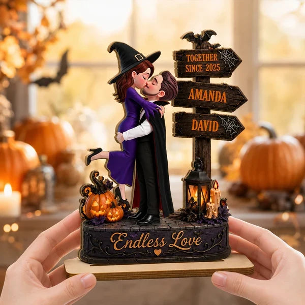 Personalized 2-Layer Wooden Plaque, Kissing Witch Couple Halloween Decor, Unique Gift for Couples