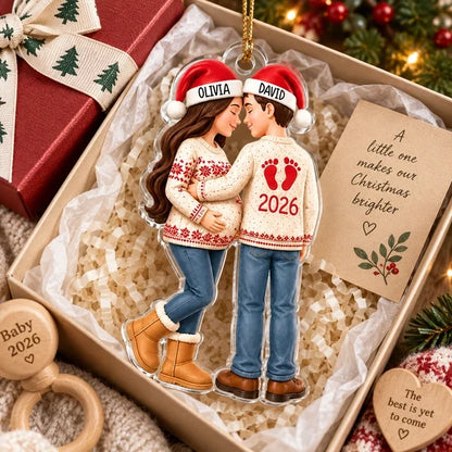 Personalized Acrylic Ornament, Embracing Expecting Couple by a Christmas Tree, Unique Gift for New Parents