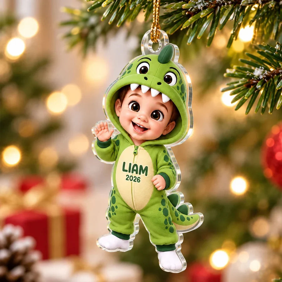 Personalized Acrylic Ornament, Cute Waving Dinosaur Costume Child, Creative Keepsake Gift for Family