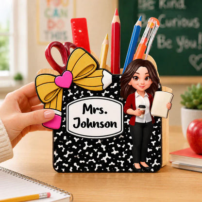 Personalized Wooden Pen Holder, Cute Cartoon Teacher Desk Organizer, Unique Creative Gift for Teacher