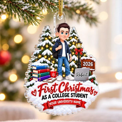 Personalized Acrylic Ornament, College Student Holding Books in a Snowy Christmas Scene, Unique Gift for Daughter