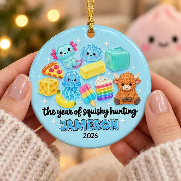 Personalized Ceramic Ornament, Pink Squishy Character Collection, Unique Christmas Gift for Kids and Grandkids