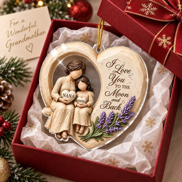 Personalized Acrylic Ornament, Grandma Hugging Granddaughter, Moon and Back Quote, Unique Christmas Gift