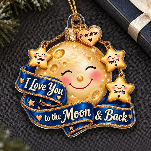 Personalized Acrylic Ornament, Smiling Moon & Stars on Christmas Tree, Unique Gift for Grandma