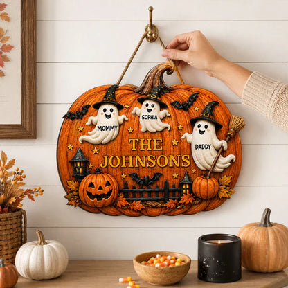 Personalized Wooden Sign With Cute Ghost Family & Pumpkin Decor, Unique Creative Gift For Family