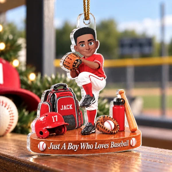 Personalized Baseball Boy Acrylic Ornament, Blue Pitching Player Christmas Decor, Unique Gift for Son