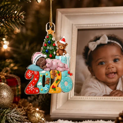 Personalized Acrylic Ornament with Sleeping Baby and Christmas Tree, Unique Christmas Gift for New Parents