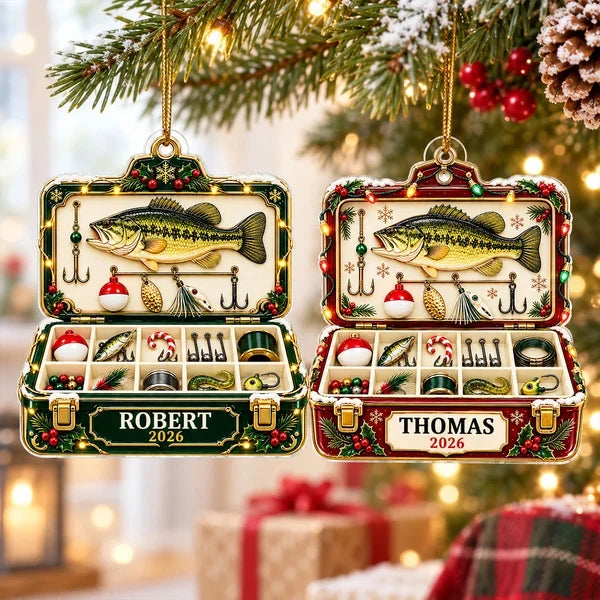Fishing Tackle Box Ornament, Personalized Bass & Lure Keepsake, Creative Christmas Gift for Husband or Angler