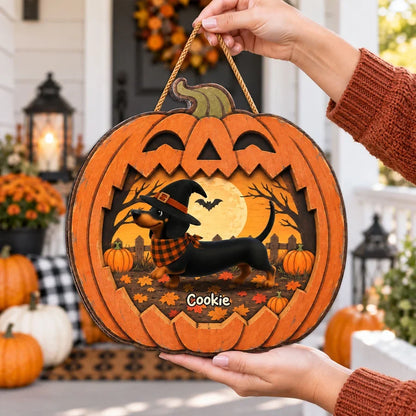 Personalized Wooden Sign, Dachshund in a Moonlit Pumpkin Patch, Creative Halloween Keepsake Gift for Pet Owners