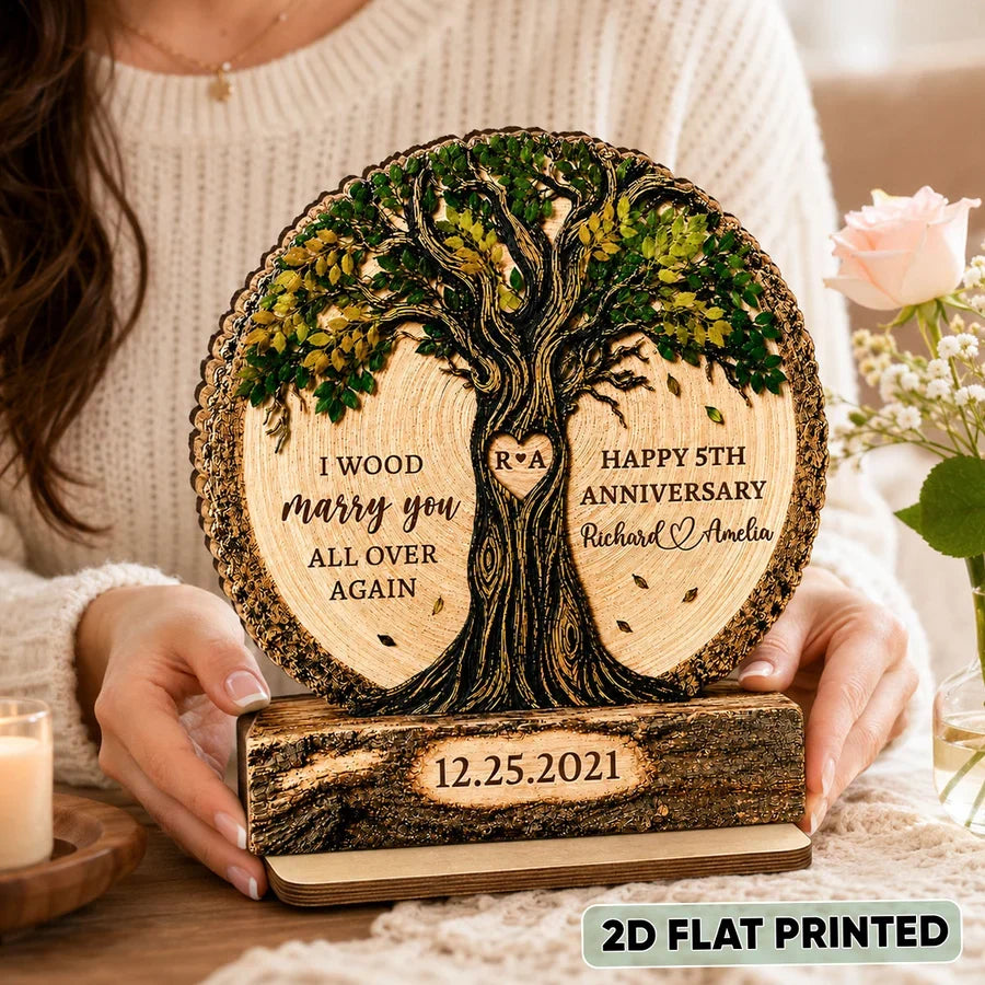 Personalized 2-Layer Wooden Plaque with Intertwined Couple Tree, Unique Anniversary Gift for Spouse