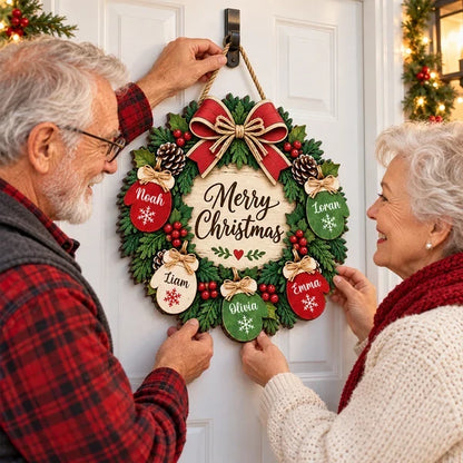 Personalized Christmas Door Sign with Mitten Wreath, Rustic Family Decor, Unique Gift for Grandparents