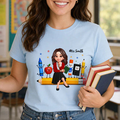 Personalized Teacher Classic Tee With Cartoon School Supplies, Unique Back to School Gift