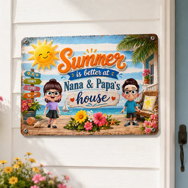 Personalized Rectangular Iron Sign, Summer at Grandparents' House Beach Porch Decor, Unique Gift for Nana & Papa