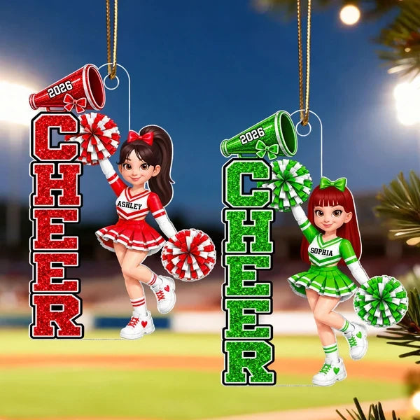 Custom Acrylic Ornament, Cheerleader with Raised Pom-Poms, Red & Pink Christmas Tree Decor, Creative Gift for Cheerleaders