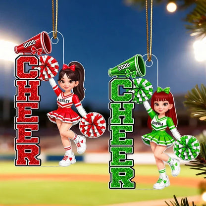 Custom Acrylic Ornament, Cheerleader with Raised Pom-Poms, Red & Pink Christmas Tree Decor, Creative Gift for Cheerleaders