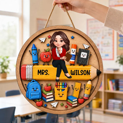 Personalized Wooden Sign with Seated Teacher and Cute School Supplies, Colorful Classroom Decor, Unique Teacher Gift