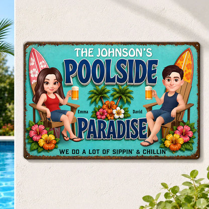 Rectangular Iron Sign, Custom Poolside Paradise With Lounging Couple, Unique Gift For Pool Lovers