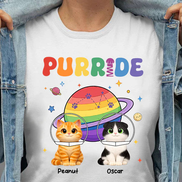 Personalized Purride Cat Classic Tee With Rainbow Space Cats, Unique Gift For Cat Lovers