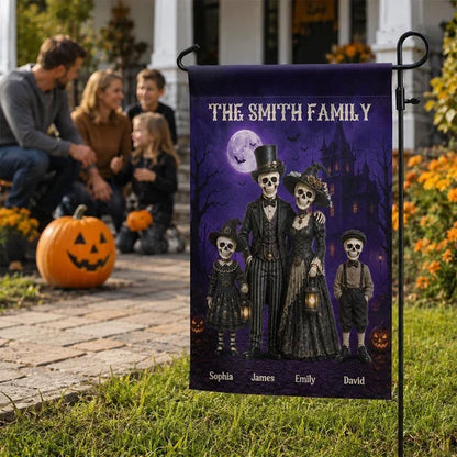 Personalized Garden Flag, Standing Gothic Skeleton Family at a Moonlit Haunted House, Unique Halloween Gift for Families