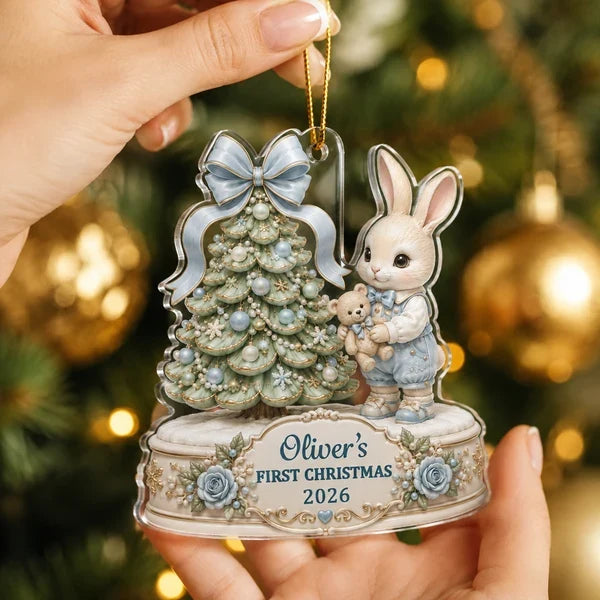 Personalized Acrylic Ornament, Bunny Holding a Teddy by a Christmas Tree, Unique Newborn Gift