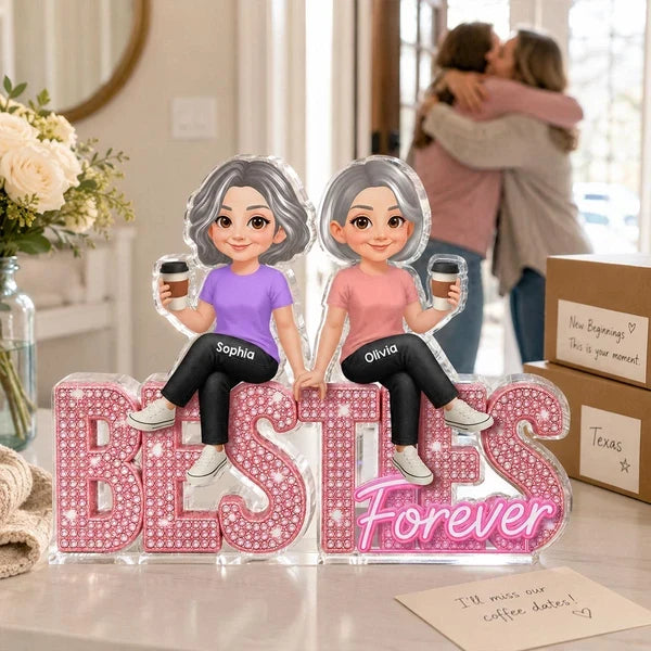 Personalized Shaped Acrylic Block Plaque, Friends Sharing Coffee, Pink Besties Forever, Unique Gift for Best Friend
